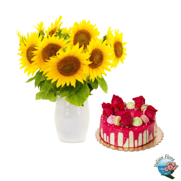 Arrangement of sunflowers with modern cake
