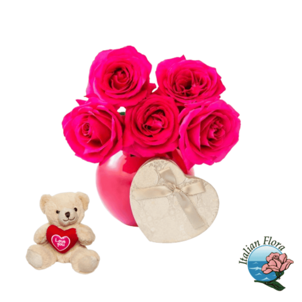 Bouquet of hot pink roses with chocolates and romantic teddy